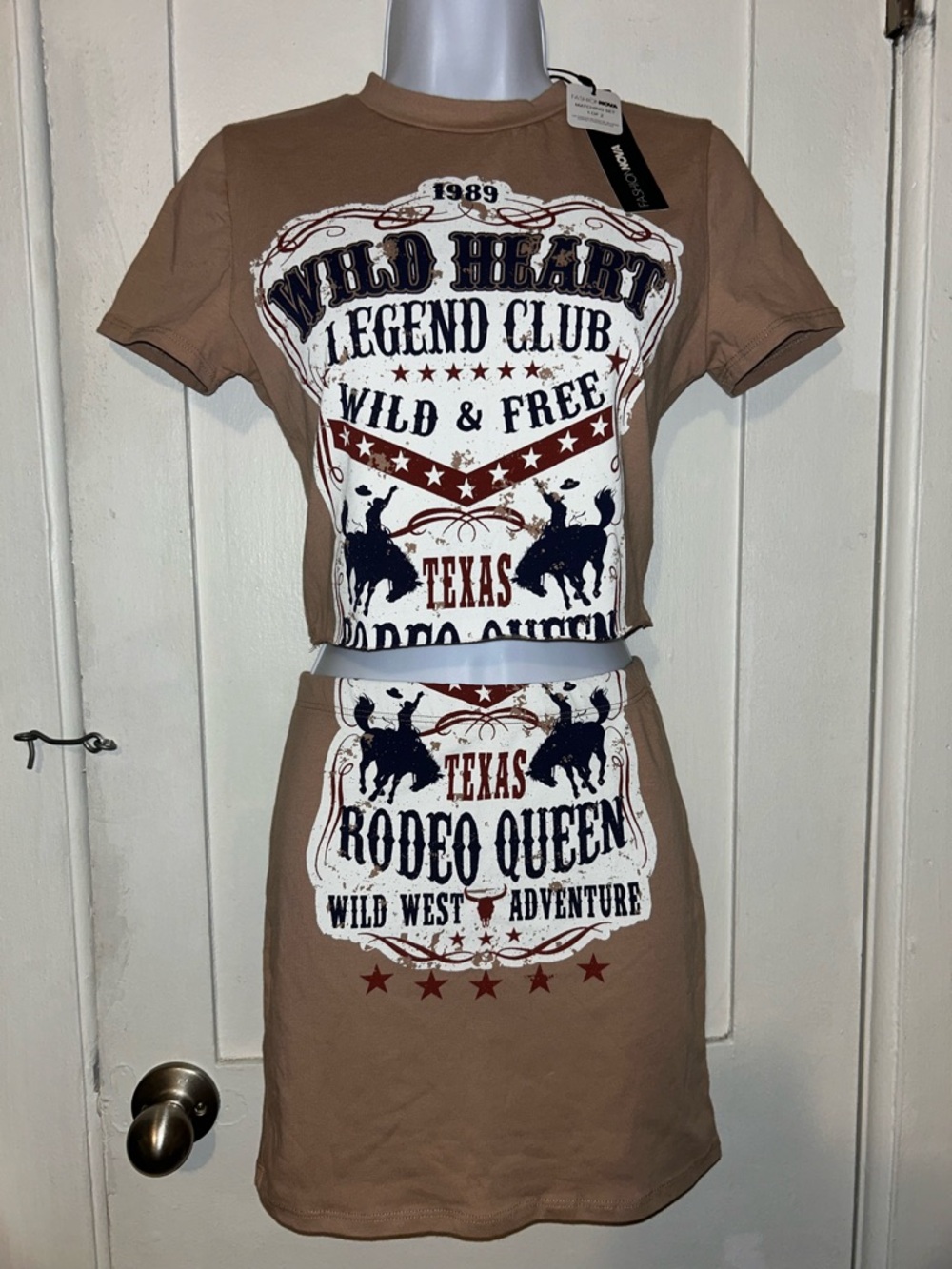 Fashion Nova Brown Rodeo Queen Graphic Crop Top & Skirt Set